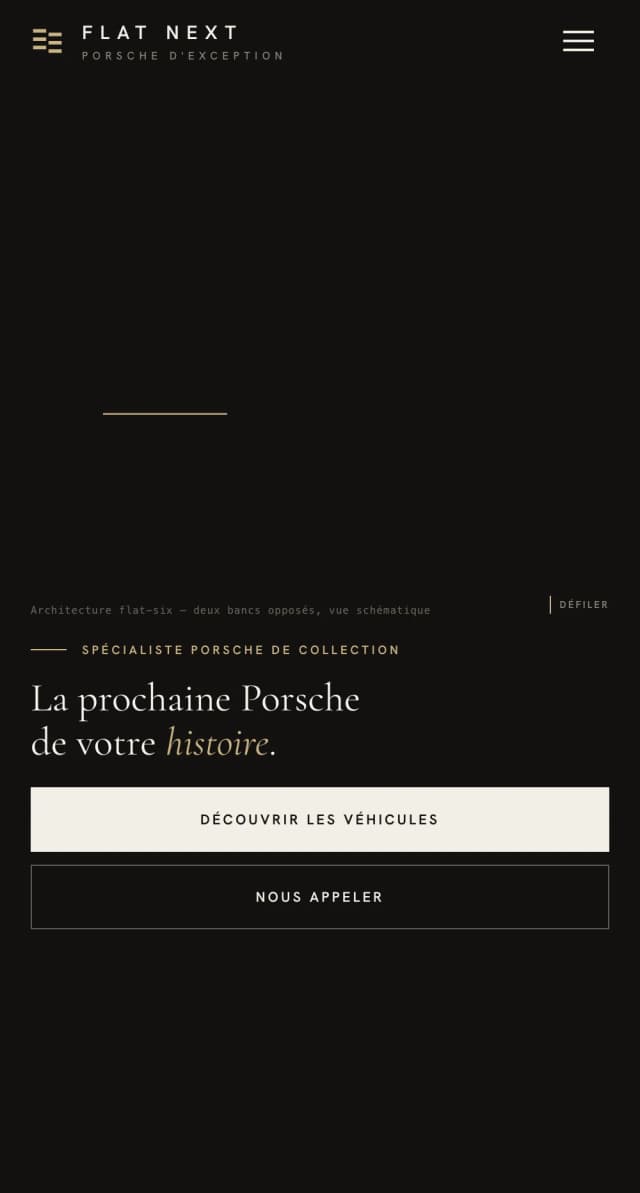 FLAT NEXT — vitrine trilingue & gestion de stock pour spécialiste Porsche — version mobile